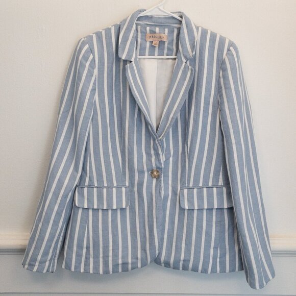 Philosophy Jackets & Blazers - Philosophy Striped Linen Blend Blazer Jacket Size 8 Blue White Tailored